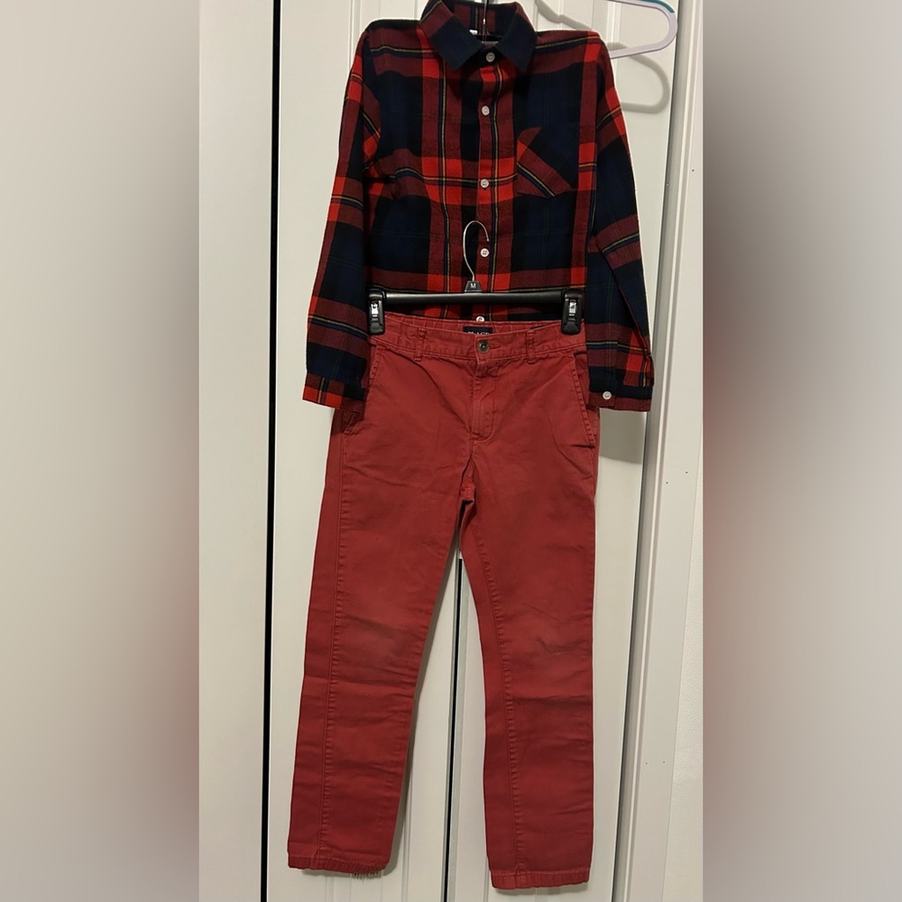 Plaid Shirt and Red Pants Set size 8-9 years old like new!!